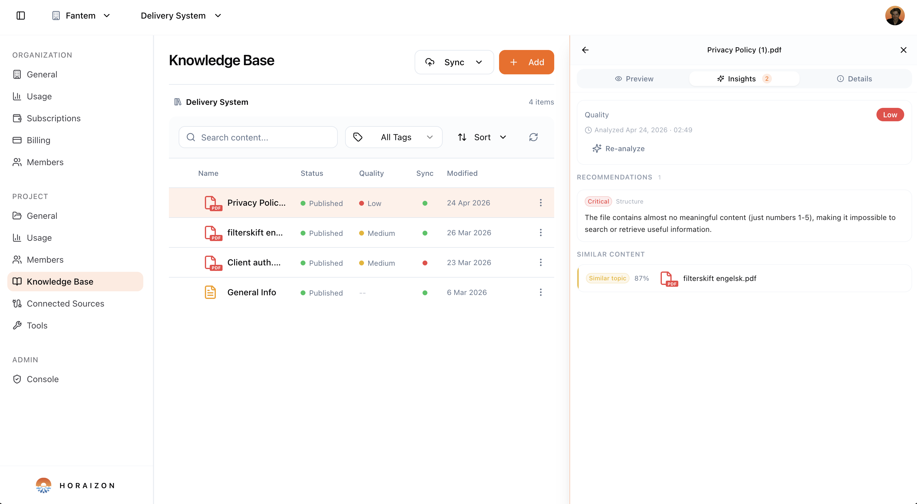Knowledge base with document quality insights and recommendations