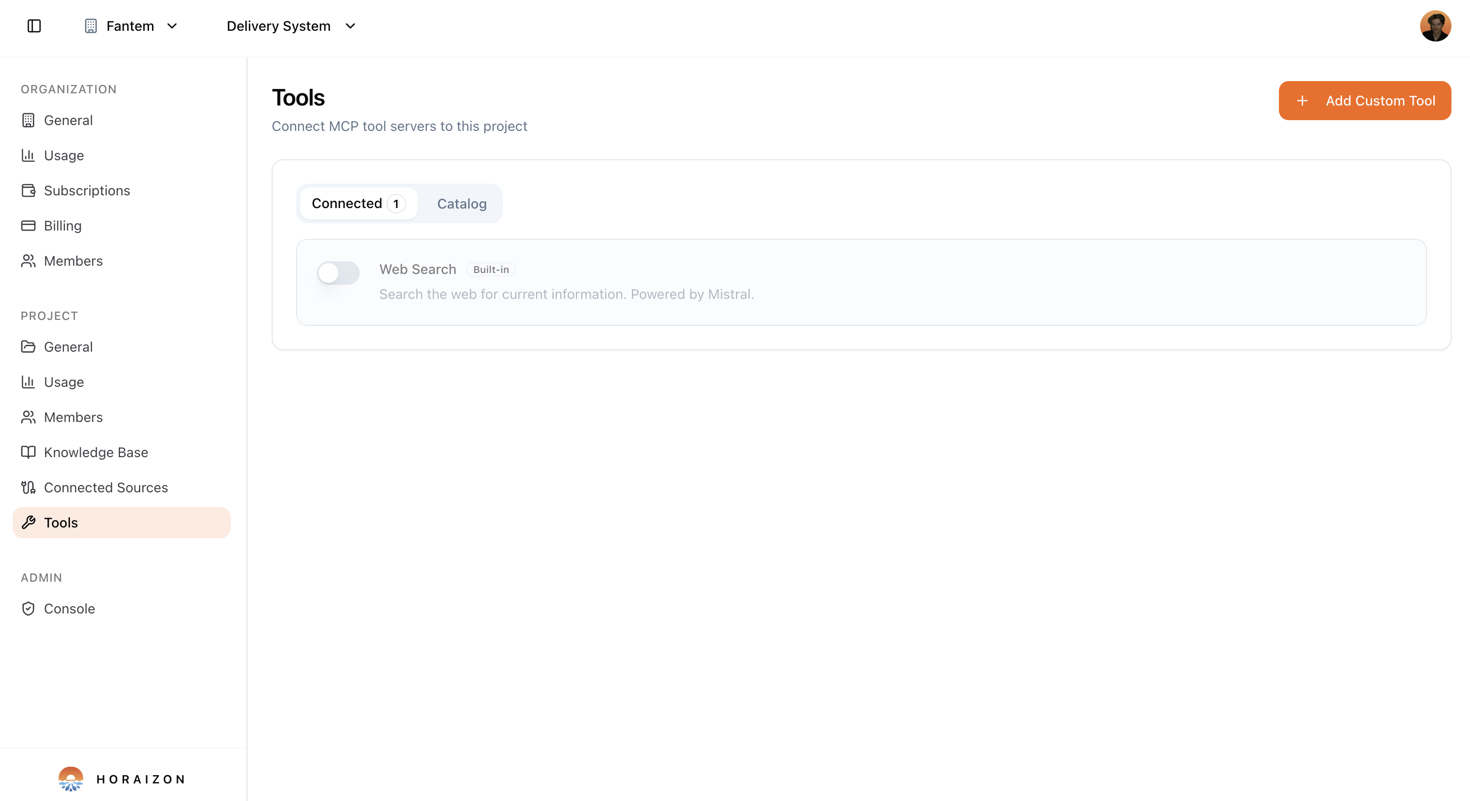 Tools interface showing connected integrations like web search